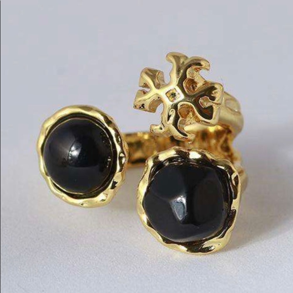 🔥🔥Tory Burch Authentic Roxanne Semiprecious Statement Ring Black And Gold Size 7 - Picture 5 of 16